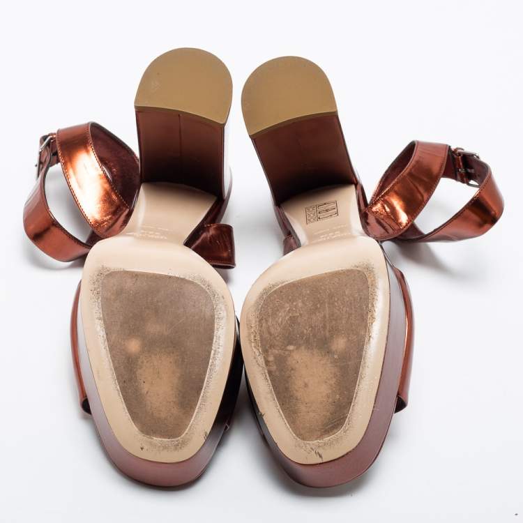 Pre Owned Miu Miu Metallic Bronze  Leather Ankle Strap Sandals Size 38.5