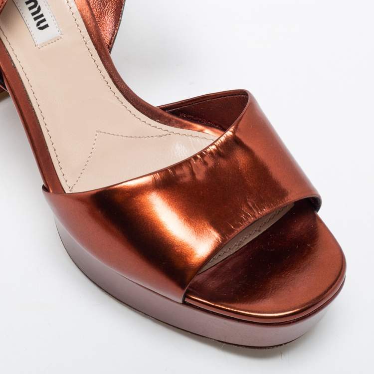 Pre Owned Miu Miu Metallic Bronze  Leather Ankle Strap Sandals Size 38.5