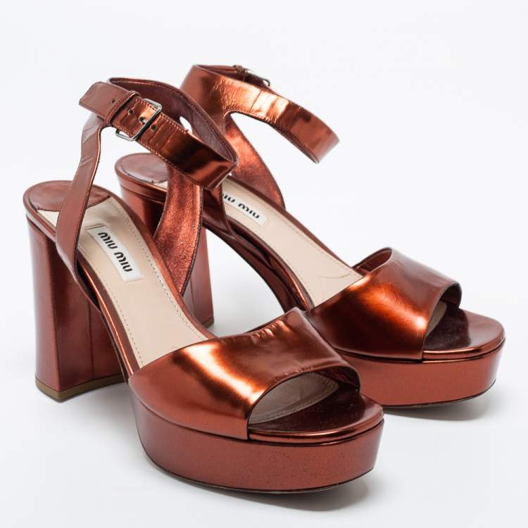 Pre Owned Miu Miu Metallic Bronze  Leather Ankle Strap Sandals Size 38.5