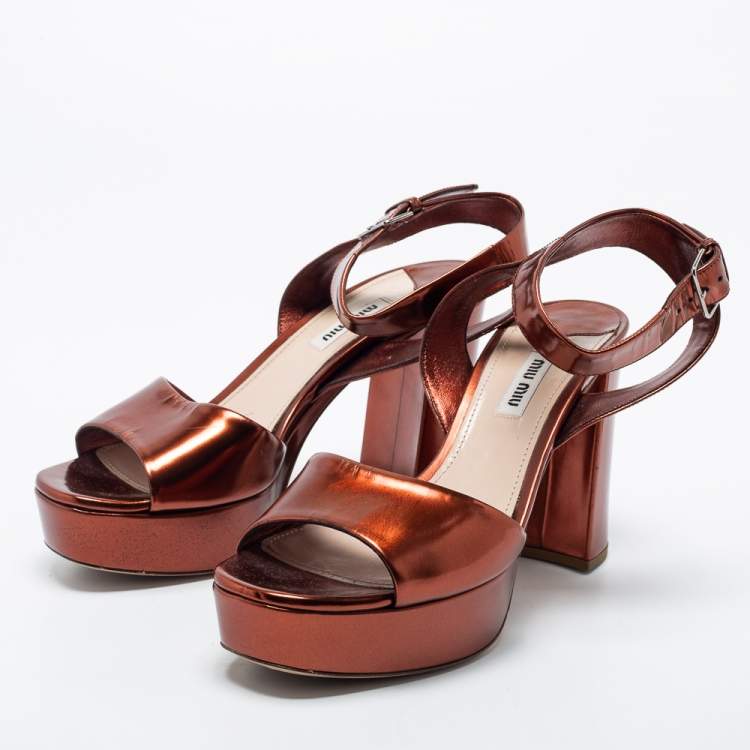 Pre Owned Miu Miu Metallic Bronze  Leather Ankle Strap Sandals Size 38.5