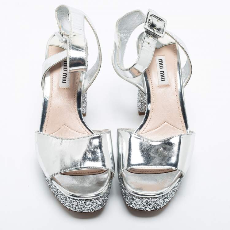 Pre Owned Miu Miu Silver Glitter and Leather Platform Ankle Strap Sandals Size 38.5