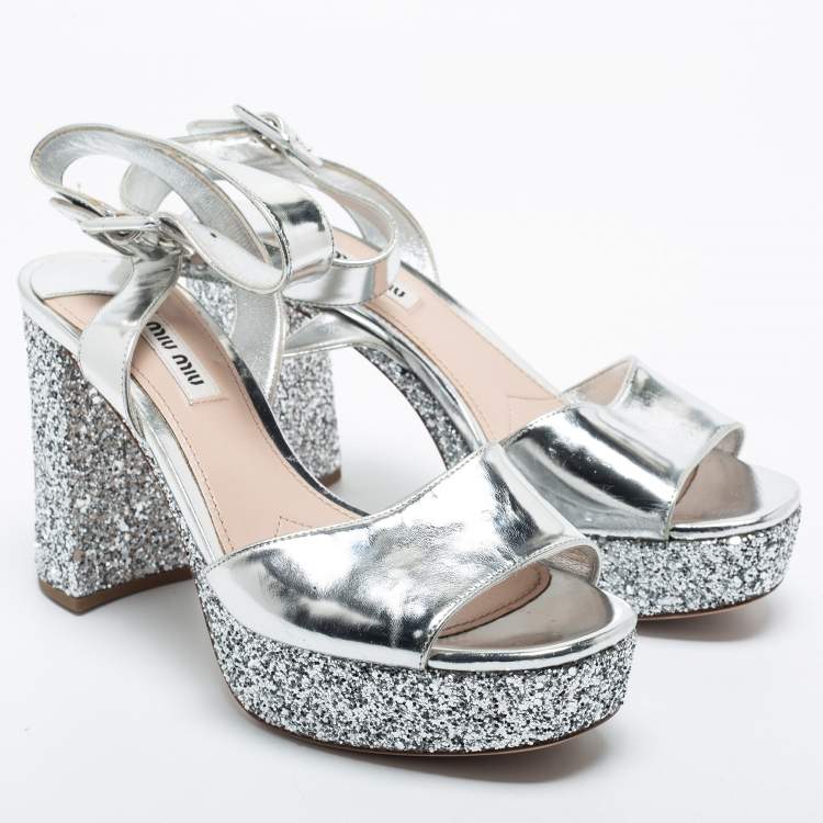 Pre Owned Miu Miu Silver Glitter and Leather Platform Ankle Strap Sandals Size 38.5