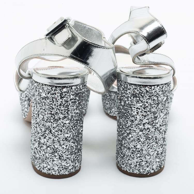 Pre Owned Miu Miu Silver Glitter and Leather Platform Ankle Strap Sandals Size 38.5
