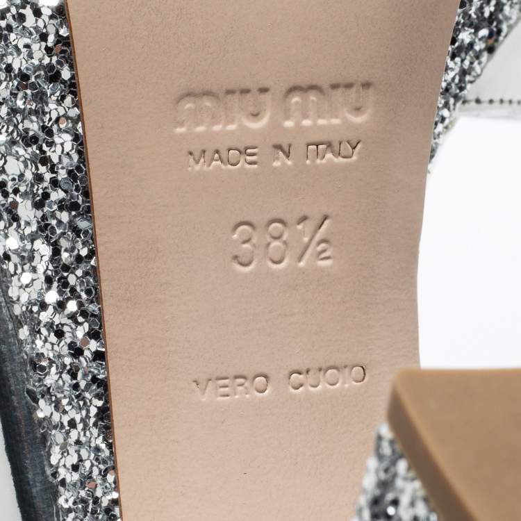 Pre Owned Miu Miu Silver Glitter and Leather Platform Ankle Strap Sandals Size 38.5