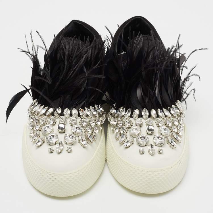 Pre Owned Miu Miu Black/White Satin and Feathers Slip On Sneakers Size 40