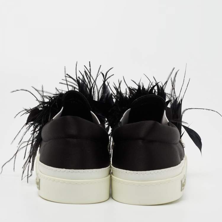Pre Owned Miu Miu Black/White Satin and Feathers Slip On Sneakers Size 40