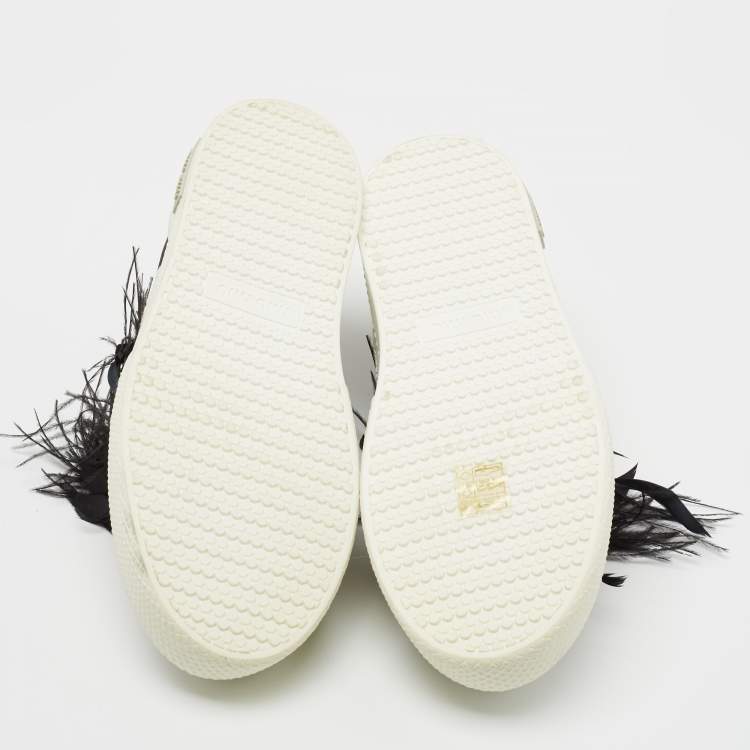 Pre Owned Miu Miu Black/White Satin and Feathers Slip On Sneakers Size 40