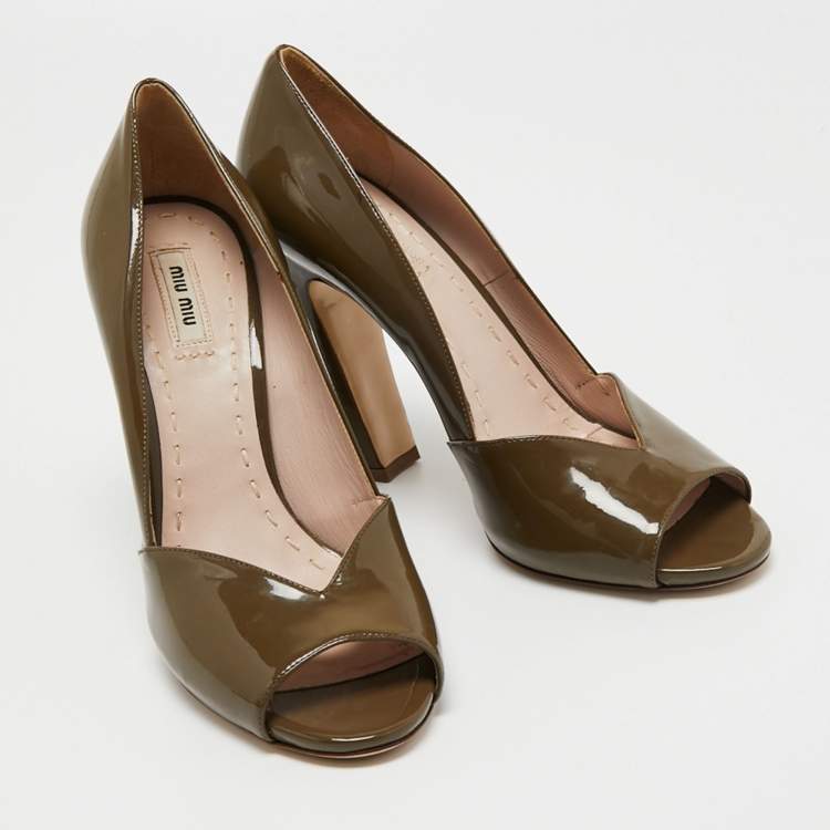 Pre Owned Miu Miu Olive Green Patent Leather Open Toe Pumps Size 40