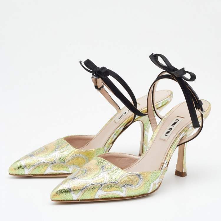 Pre Owned Miu Miu Multicolor Brocade Fabric Bow Slingback Pumps Size 37