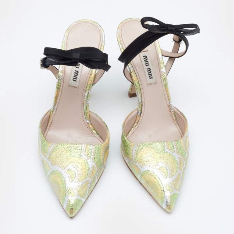 Pre Owned Miu Miu Multicolor Brocade Fabric Bow Slingback Pumps Size 37