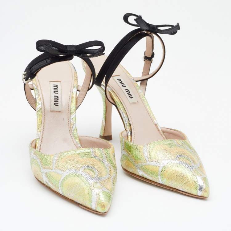 Pre Owned Miu Miu Multicolor Brocade Fabric Bow Slingback Pumps Size 37
