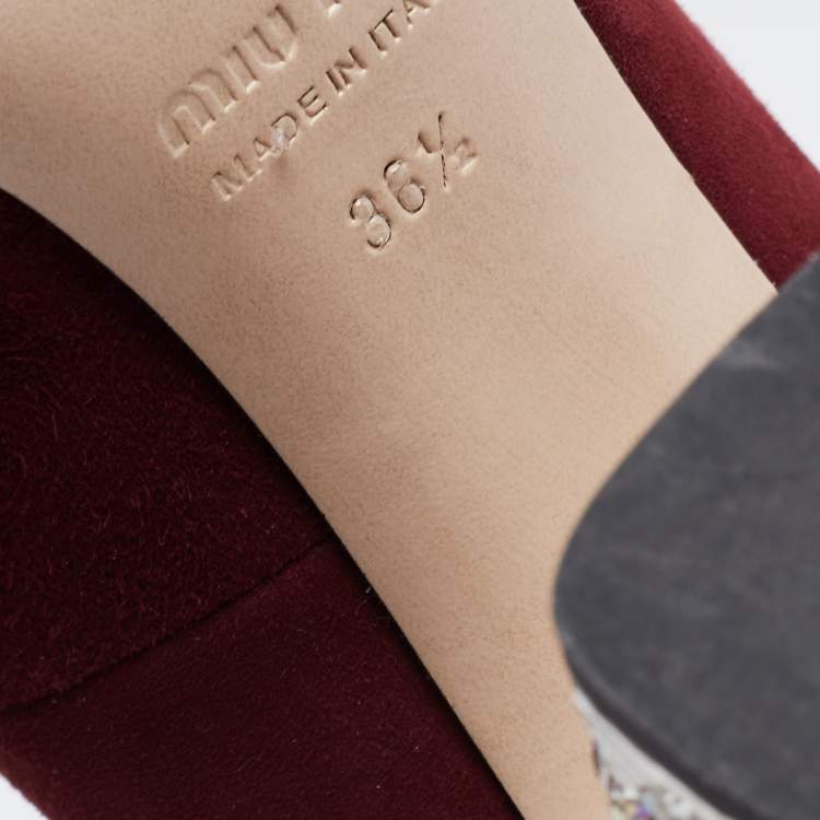 Pre Owned Miu Miu Burgundy Suede Crystal Embellished Pumps Size 36.5