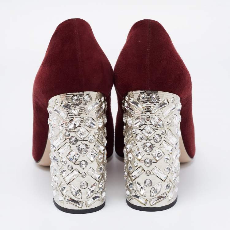 Pre Owned Miu Miu Burgundy Suede Crystal Embellished Pumps Size 36.5