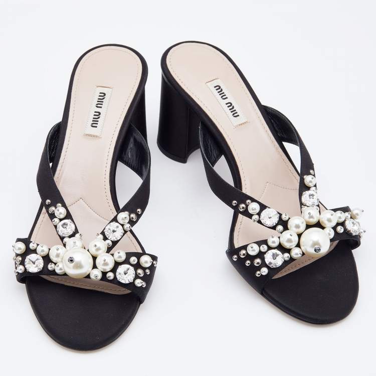 Pre Owned Miu Miu Black Satin Crystal And Pearl Embellished Slide Sandals Size 38.5