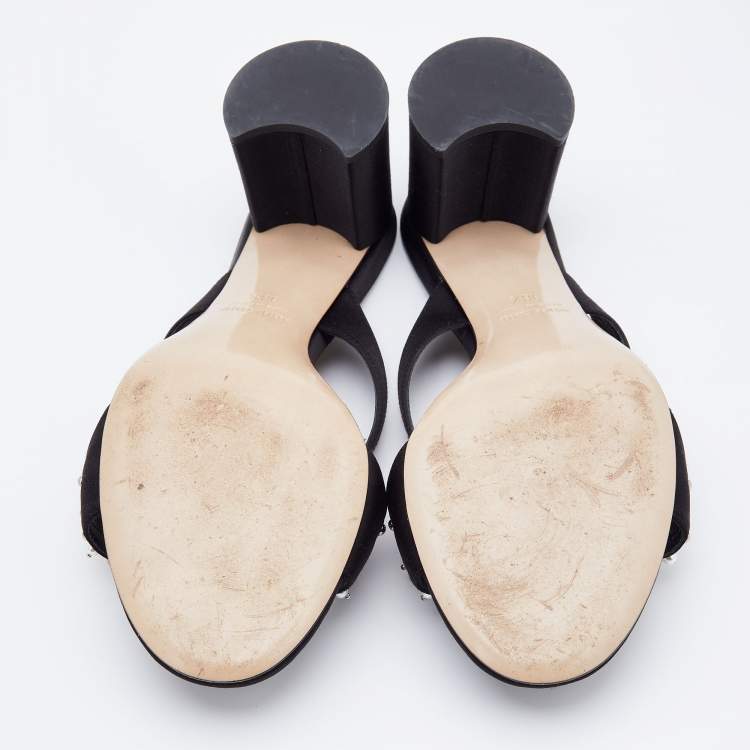 Pre Owned Miu Miu Black Satin Crystal And Pearl Embellished Slide Sandals Size 38.5