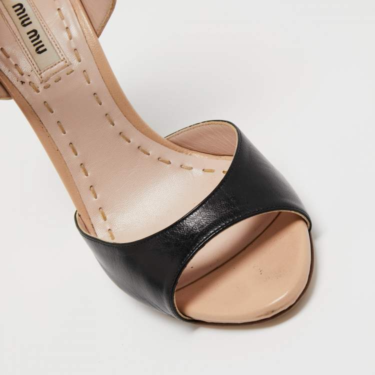 Pre Owned Miu Miu Black/Beige Leather Open Toe Ankle Strap Sandals Size 36