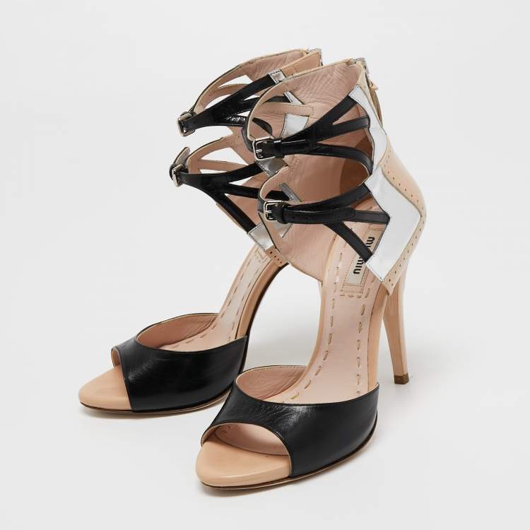 Pre Owned Miu Miu Black/Beige Leather Open Toe Ankle Strap Sandals Size 36