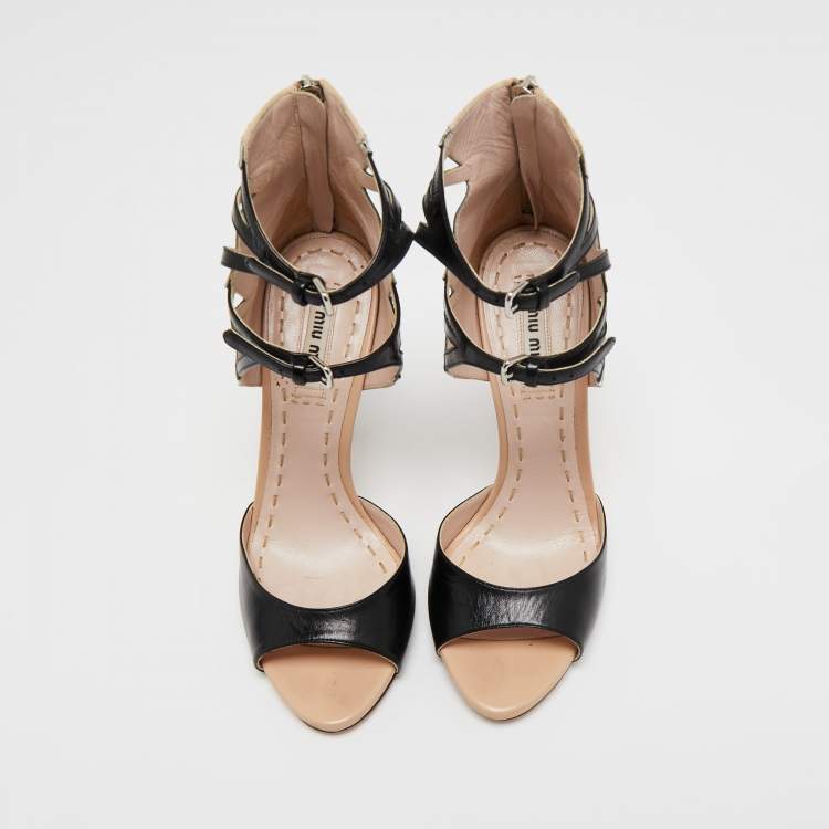 Pre Owned Miu Miu Black/Beige Leather Open Toe Ankle Strap Sandals Size 36