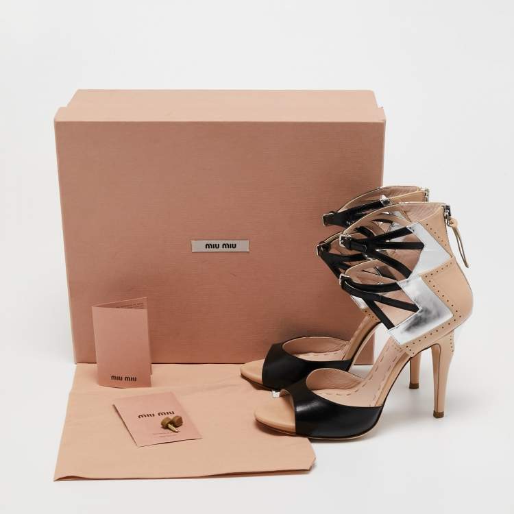 Pre Owned Miu Miu Black/Beige Leather Open Toe Ankle Strap Sandals Size 36