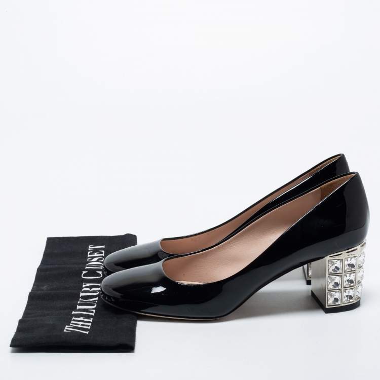 مملوكة مسبقًا Miu Miu Black Patent Crystal Embellished Block Heel Pumps Size 36.5