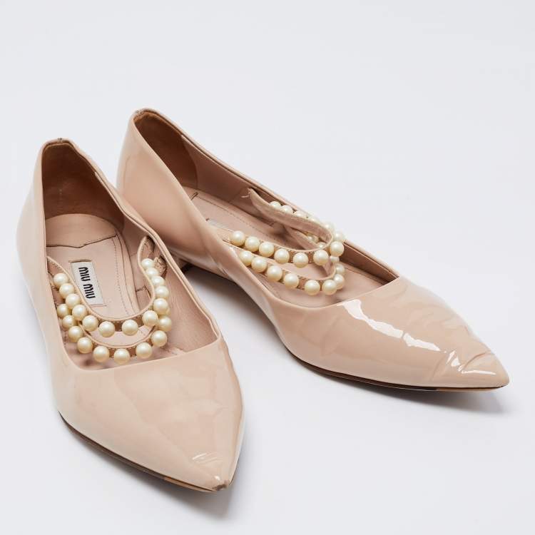 Pre Owned Miu Miu Beige Patent Leather Pearl Embellished Mary Jane Ballet Flats Size 37