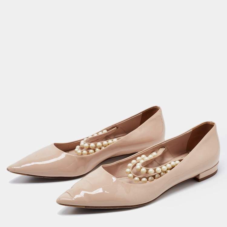 Pre Owned Miu Miu Beige Patent Leather Pearl Embellished Mary Jane Ballet Flats Size 37