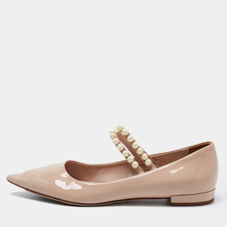Pre Owned Miu Miu Beige Patent Leather Pearl Embellished Mary Jane Ballet Flats Size 37