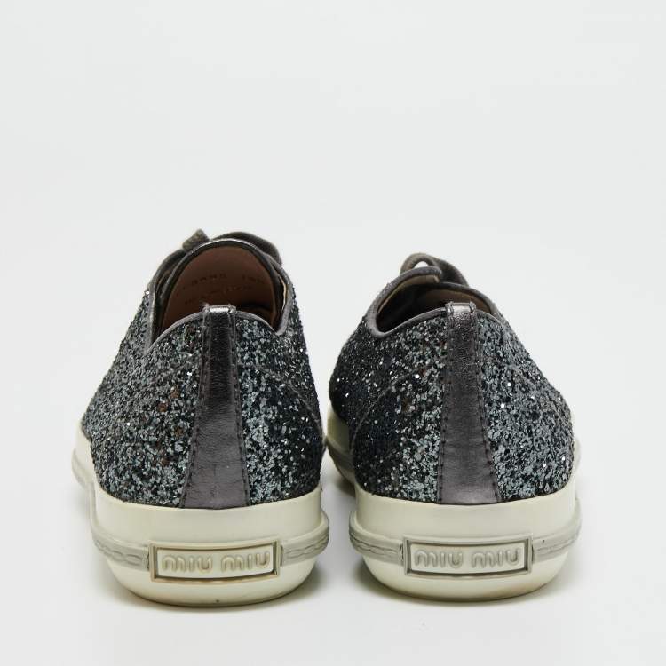 Pre Owned Miu Miu Metallic Grey Glitter Low Top Sneakers Size 38.5