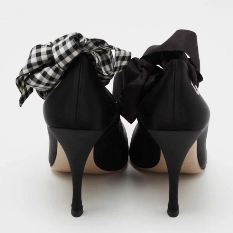 Pre Owned Miu Miu Black Satin Ankle Wrap Pointed Toe Pumps Size 38