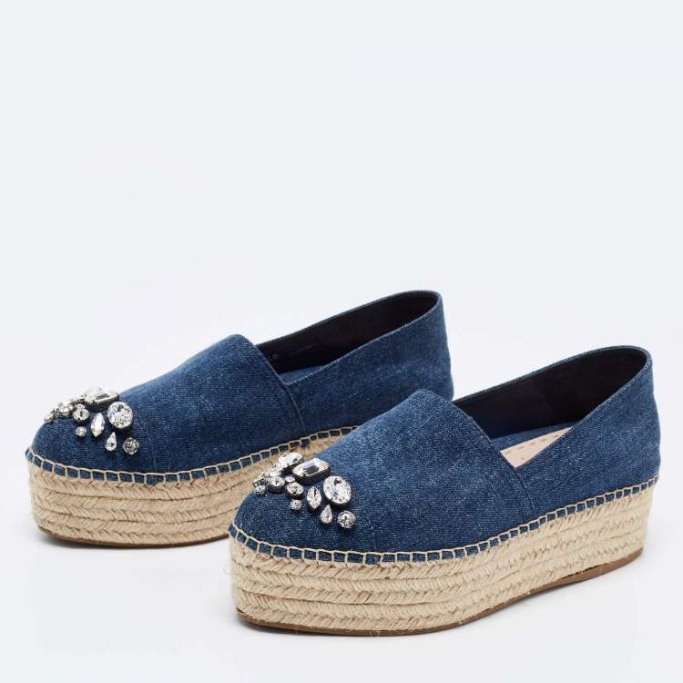 Pre Owned Miu Miu Blue Demin Platform Espadrille Flats Size 40