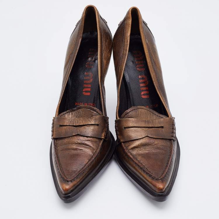 Pre Owned Miu Miu Metallic Brown Leather Pointed Toe Loafer Pumps Size 36.5