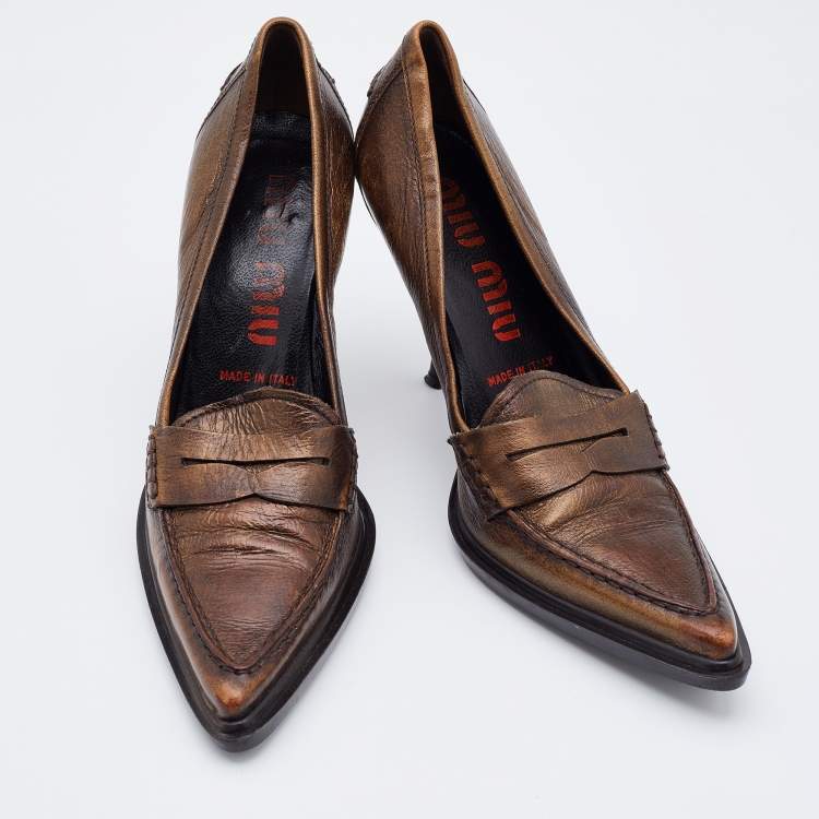 Pre Owned Miu Miu Metallic Brown Leather Pointed Toe Loafer Pumps Size 36.5