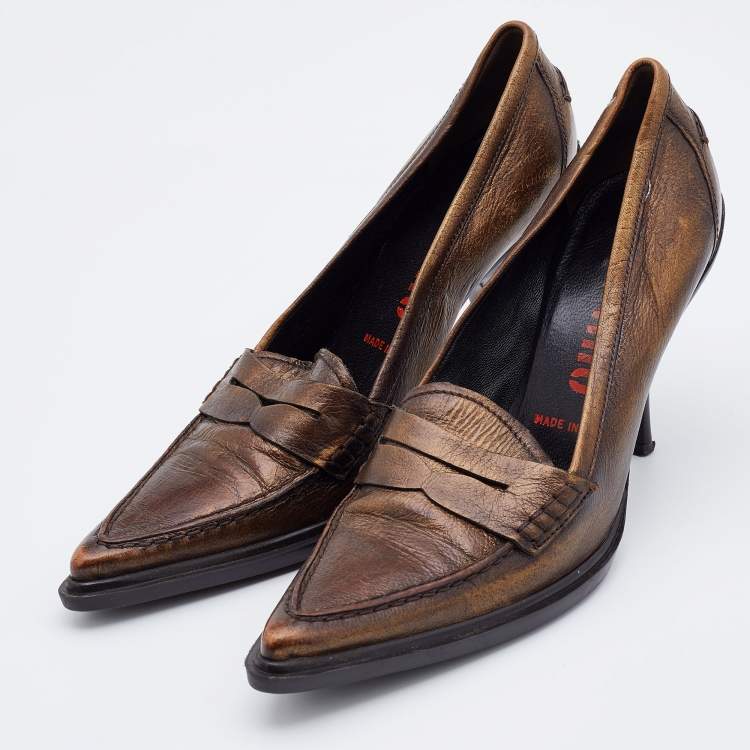Pre Owned Miu Miu Metallic Brown Leather Pointed Toe Loafer Pumps Size 36.5