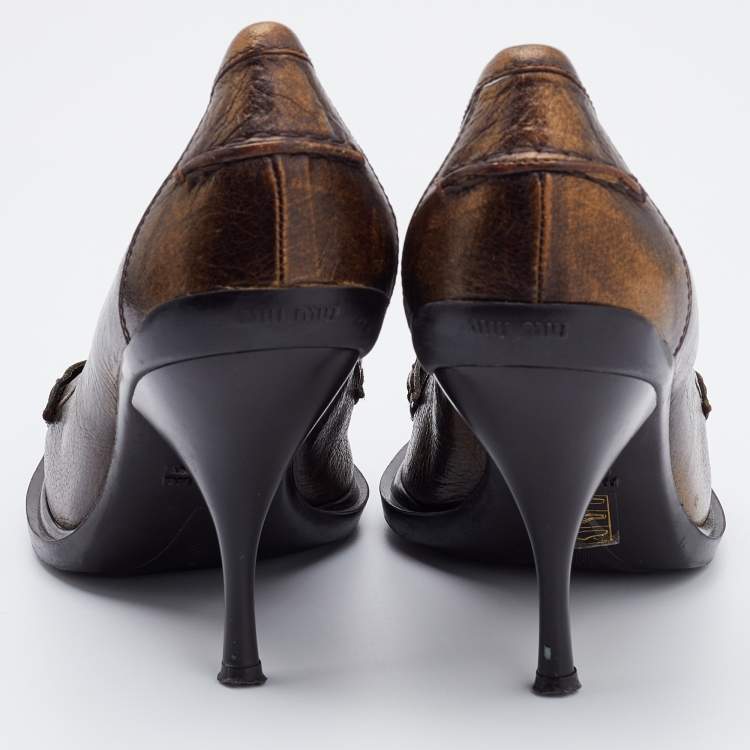 Pre Owned Miu Miu Metallic Brown Leather Pointed Toe Loafer Pumps Size 36.5