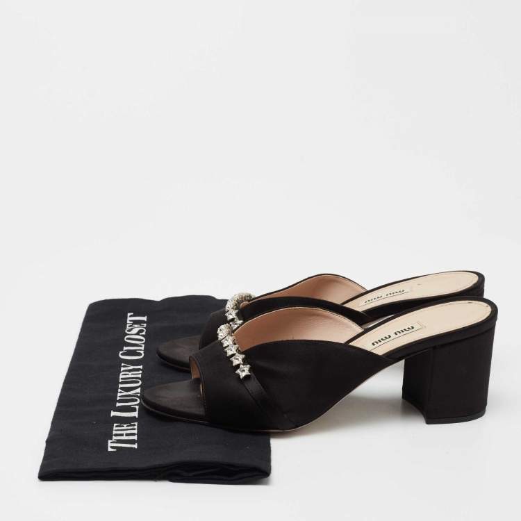 Pre Owned Miu Miu Black Satin Crystal Embellished Block Heel  Sandals Size 38