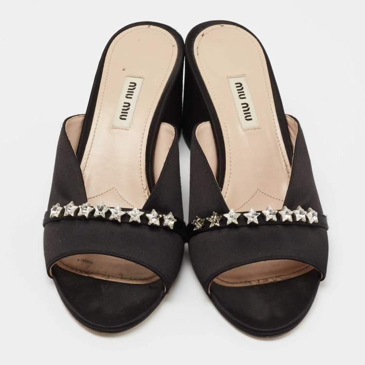 Pre Owned Miu Miu Black Satin Crystal Embellished Block Heel  Sandals Size 38