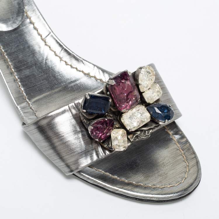 Pre Owned Miu Miu Metallic Grey Leather Crystal Embellished Slide Sandals Size 40