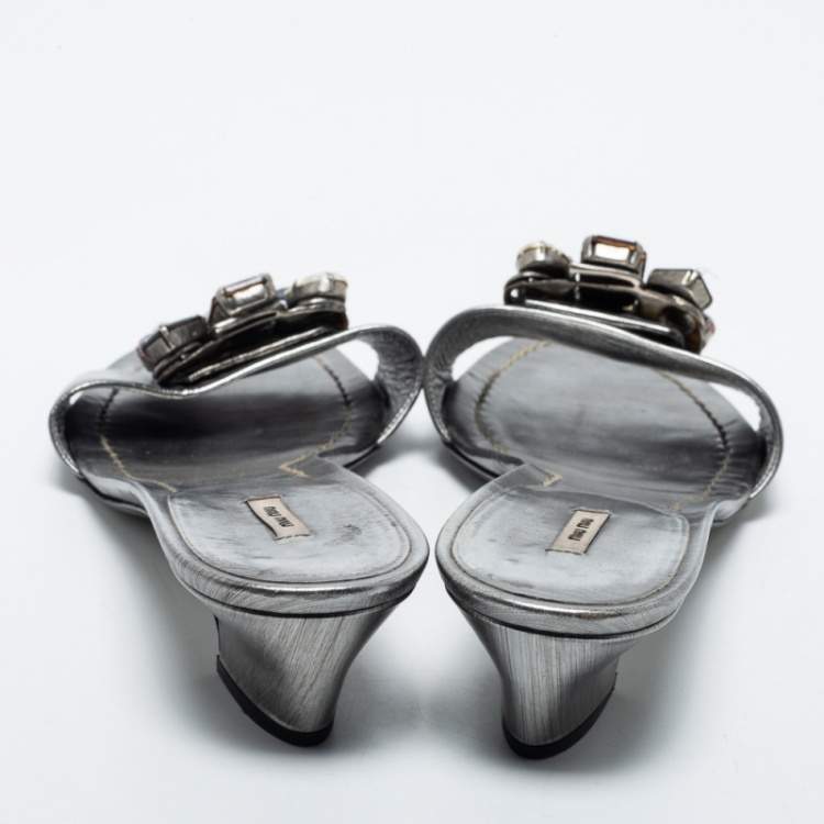 Pre Owned Miu Miu Metallic Grey Leather Crystal Embellished Slide Sandals Size 40