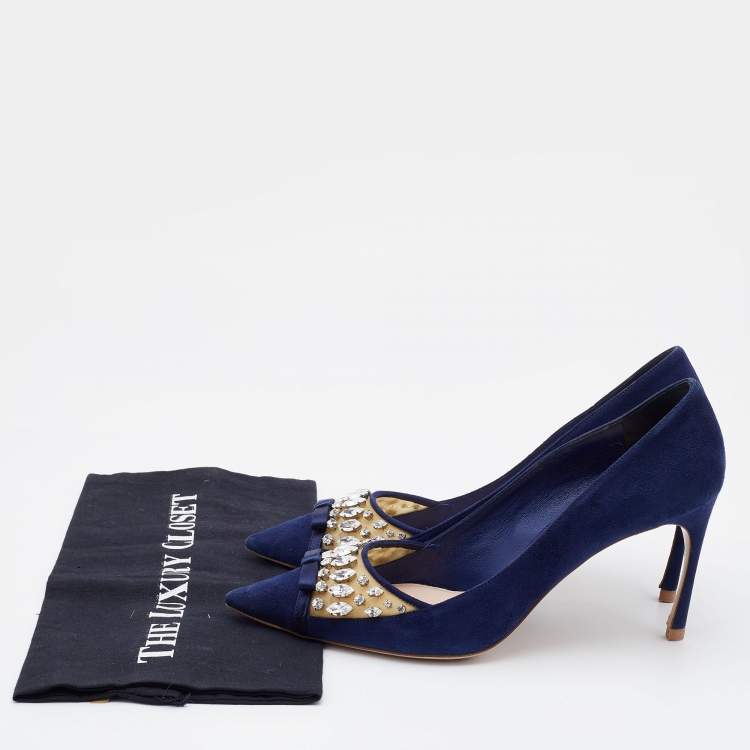 Pre Owned Miu Miu Navy Blue Suede Crystal Embellished Pointed Toe Pumps Size 39.5