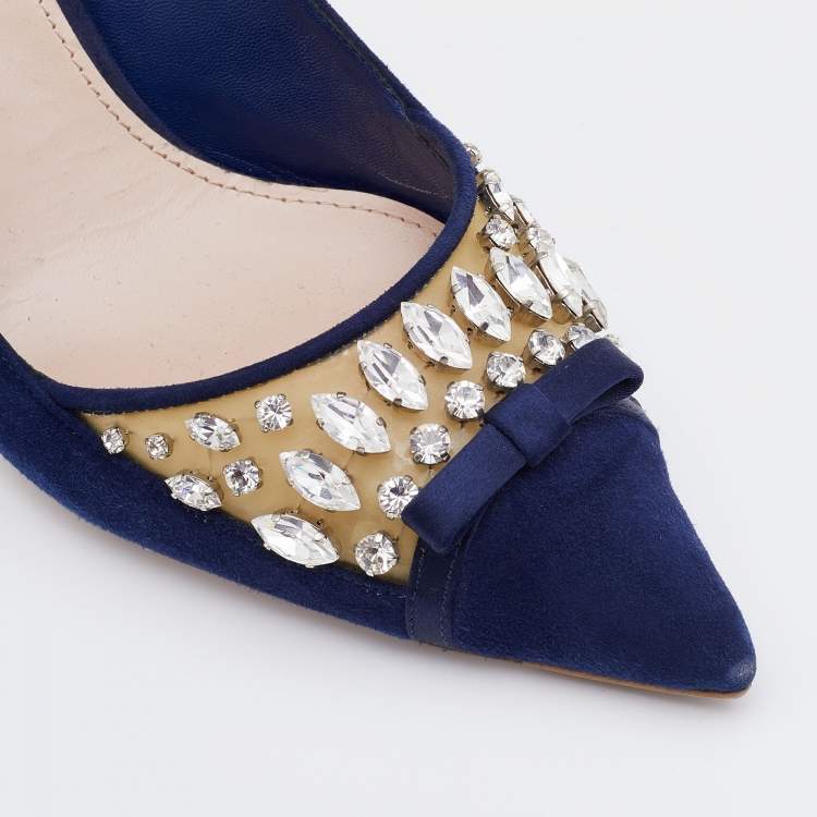 Pre Owned Miu Miu Navy Blue Suede Crystal Embellished Pointed Toe Pumps Size 39.5
