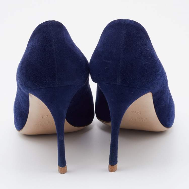 Pre Owned Miu Miu Navy Blue Suede Crystal Embellished Pointed Toe Pumps Size 39.5
