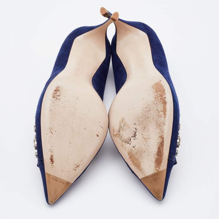 Pre Owned Miu Miu Navy Blue Suede Crystal Embellished Pointed Toe Pumps Size 39.5