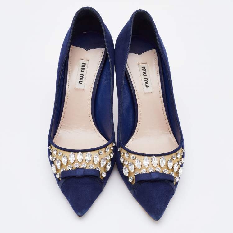 Pre Owned Miu Miu Navy Blue Suede Crystal Embellished Pointed Toe Pumps Size 39.5