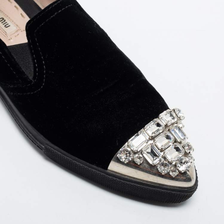 Pre Owned Miu Miu Black Velvet Crystal Embellished Toe Cap Slip On Sneakers Size 38