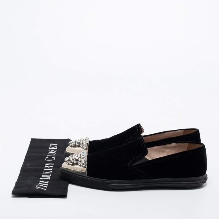 Pre Owned Miu Miu Black Velvet Crystal Embellished Toe Cap Slip On Sneakers Size 38