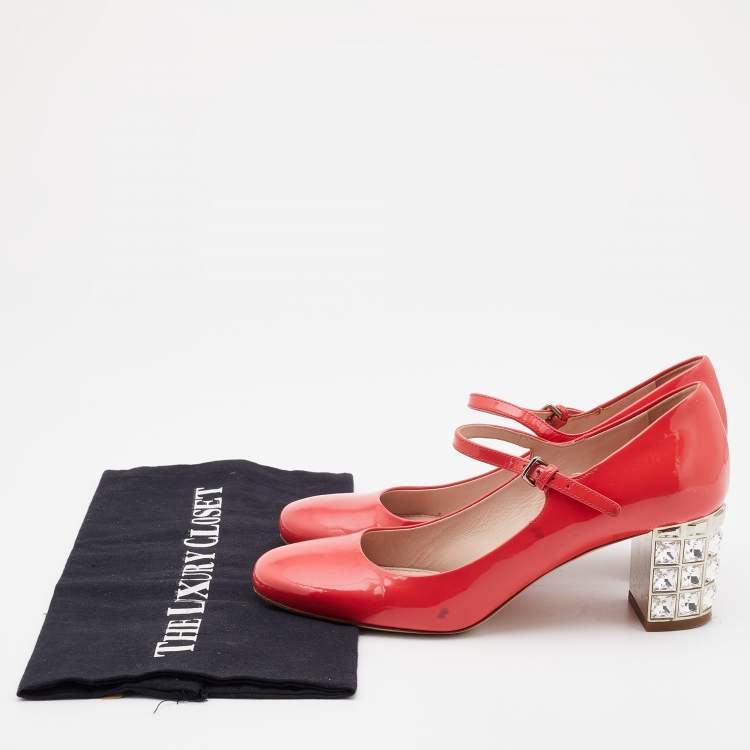 Pre Owned Miu Miu Coral Pink Patent Leather Crystal Embellished Block Heel Mary Jane Pumps Size 37