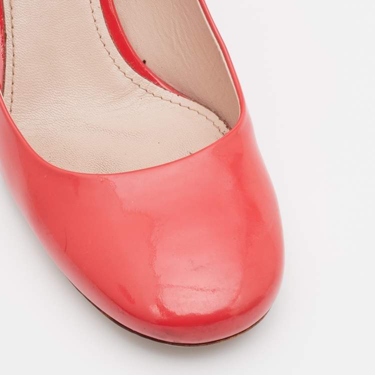 Pre Owned Miu Miu Coral Pink Patent Leather Crystal Embellished Block Heel Mary Jane Pumps Size 37