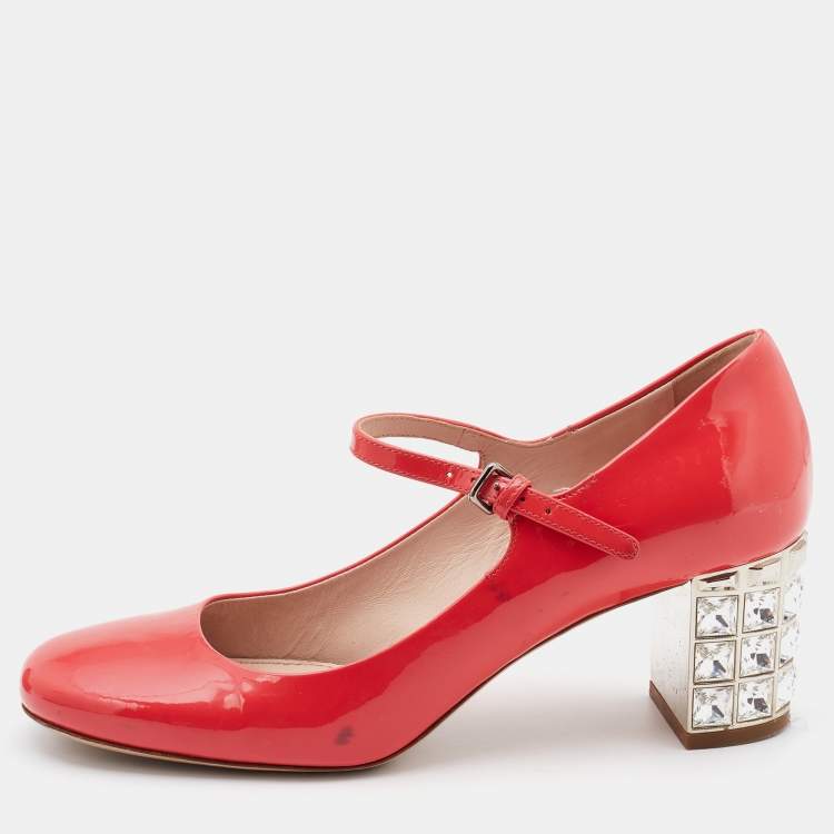Pre Owned Miu Miu Coral Pink Patent Leather Crystal Embellished Block Heel Mary Jane Pumps Size 37
