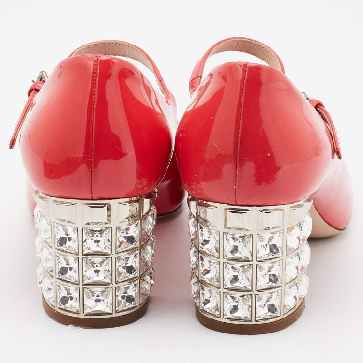 Pre Owned Miu Miu Coral Pink Patent Leather Crystal Embellished Block Heel Mary Jane Pumps Size 37