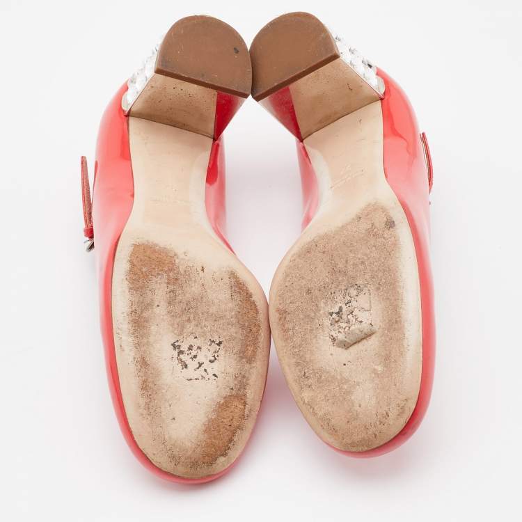 Pre Owned Miu Miu Coral Pink Patent Leather Crystal Embellished Block Heel Mary Jane Pumps Size 37